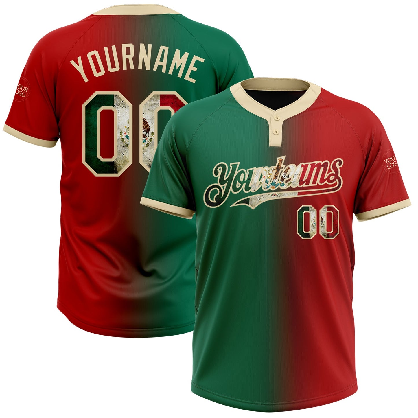 Custom Red Vintage Mexican Flag Kelly Green-City Cream Gradient Fashion Two-Button Unisex Softball Jersey - Main View