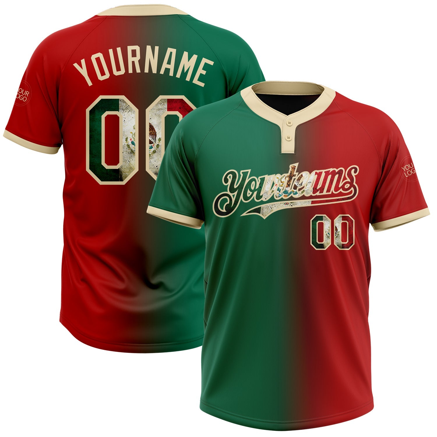 Custom Red Vintage Mexican Flag Kelly Green-City Cream Gradient Fashion Two-Button Unisex Softball Jersey - Main View