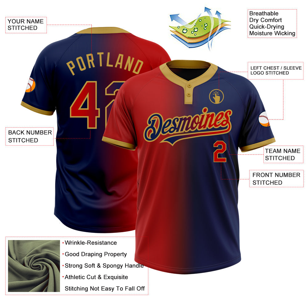 Custom Navy Red-Old Gold Gradient Fashion Two-Button Unisex Softball Jersey view 3