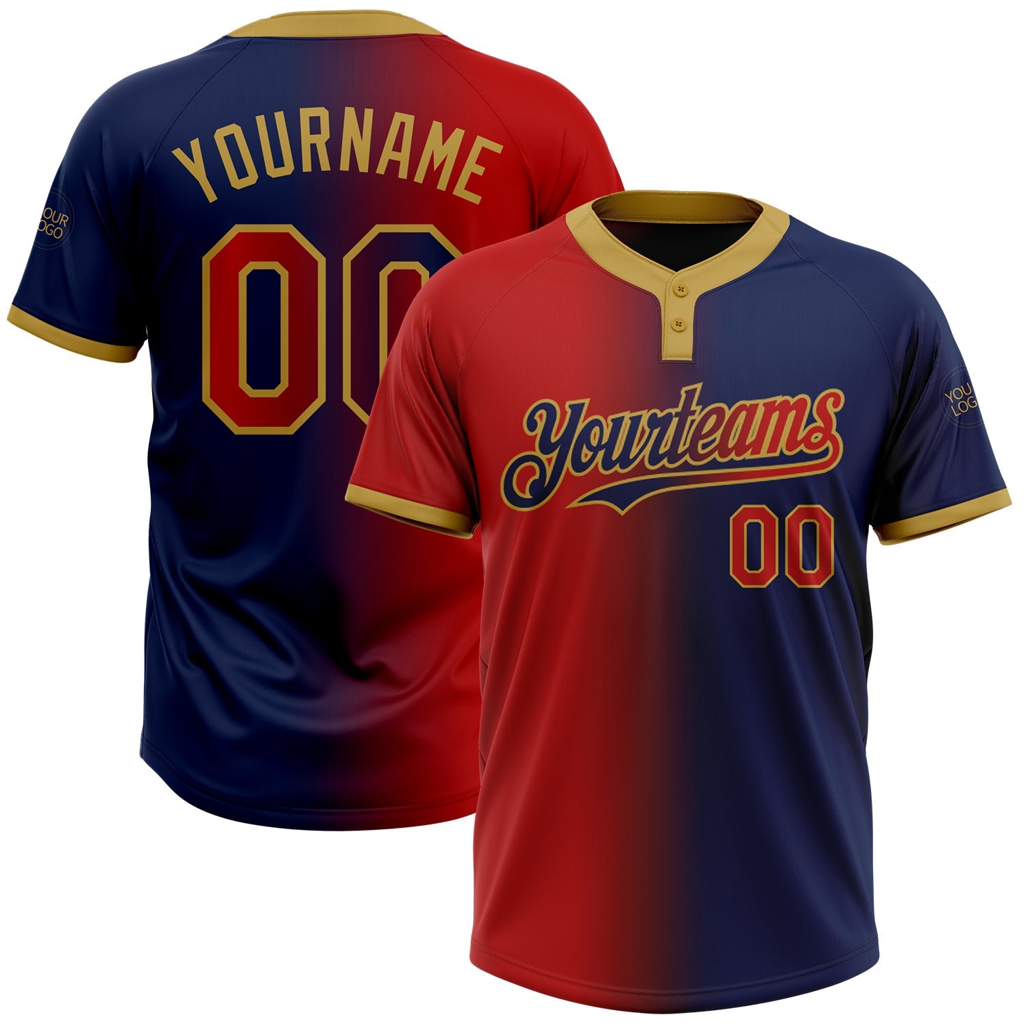 Custom Navy Red-Old Gold Gradient Fashion Two-Button Unisex Softball Jersey - Main View