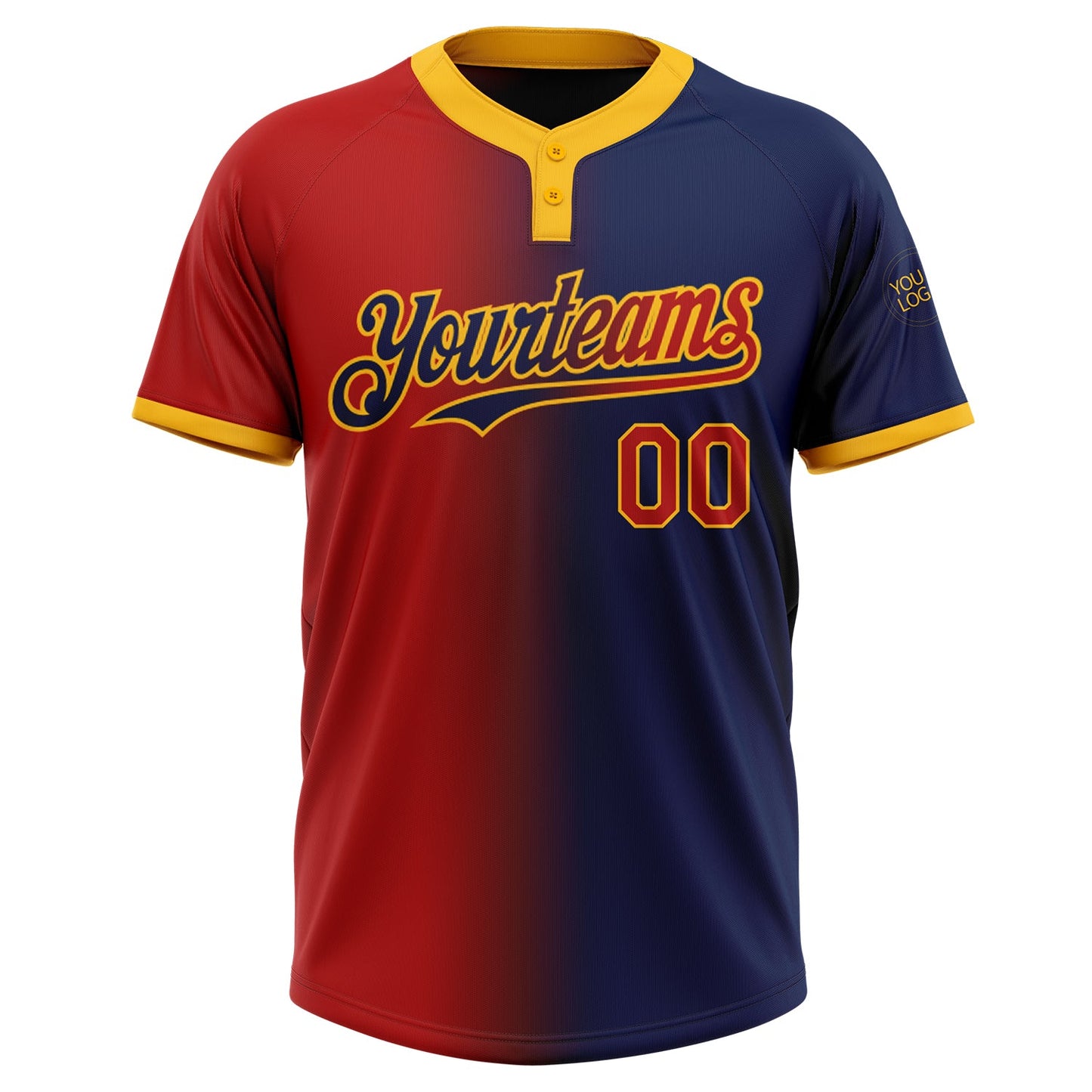 Custom Navy Red-Gold Gradient Fashion Two-Button Unisex Softball Jersey view 2