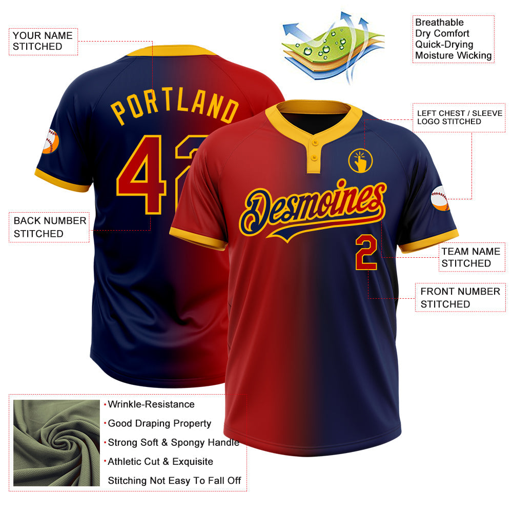 Custom Navy Red-Gold Gradient Fashion Two-Button Unisex Softball Jersey view 3
