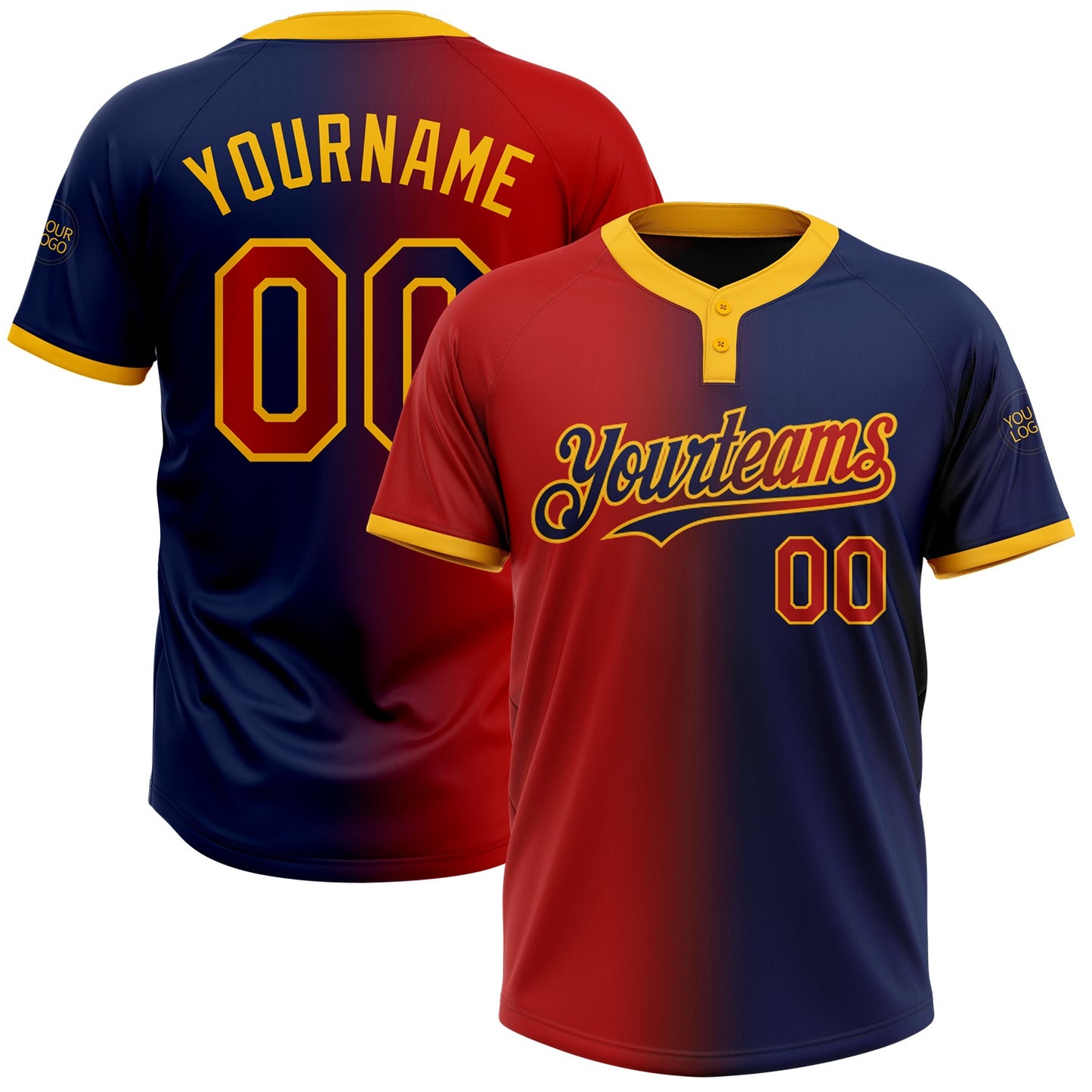 Custom Navy Red-Gold Gradient Fashion Two-Button Unisex Softball Jersey - Main View