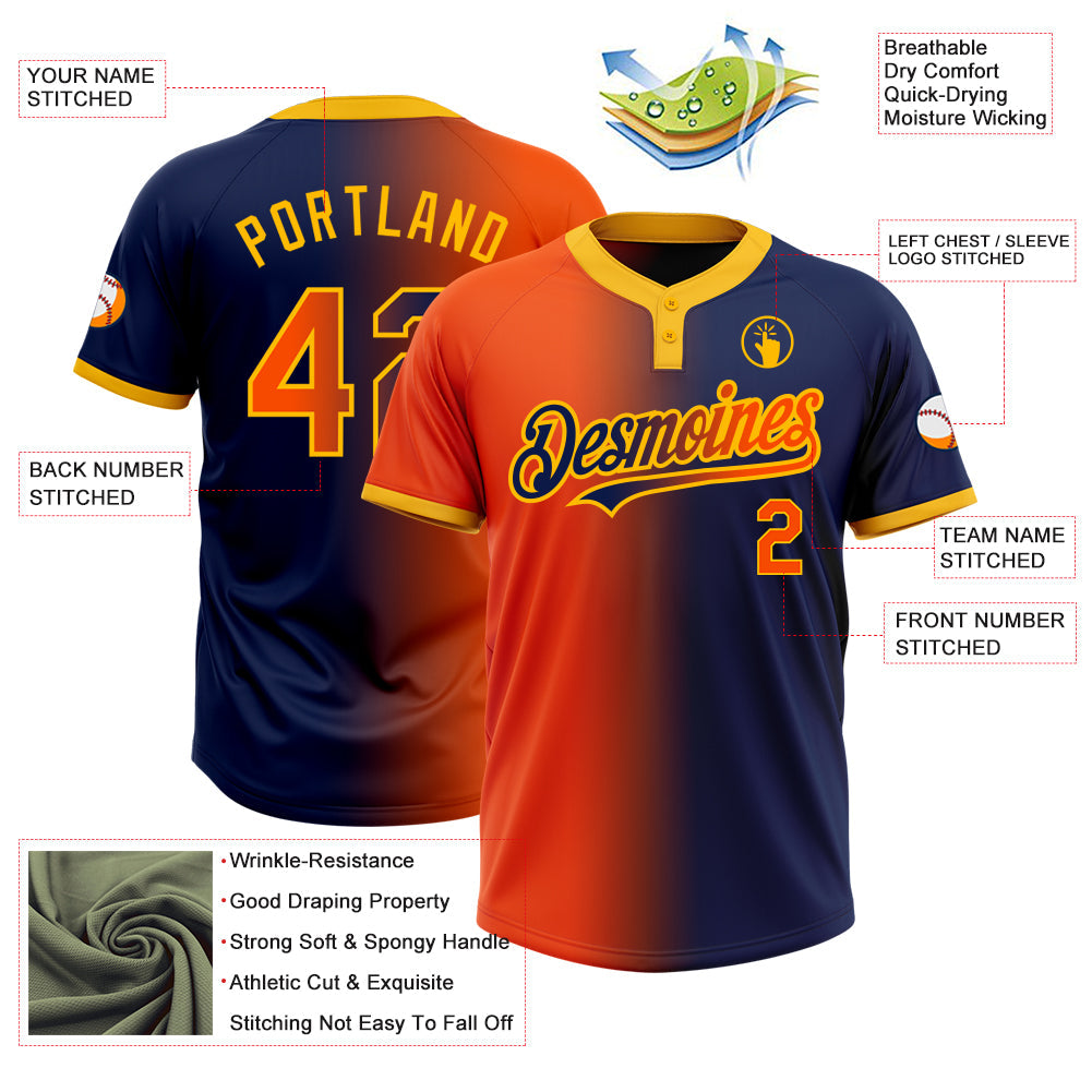 Custom Navy Orange-Gold Gradient Fashion Two-Button Unisex Softball Jersey view 3