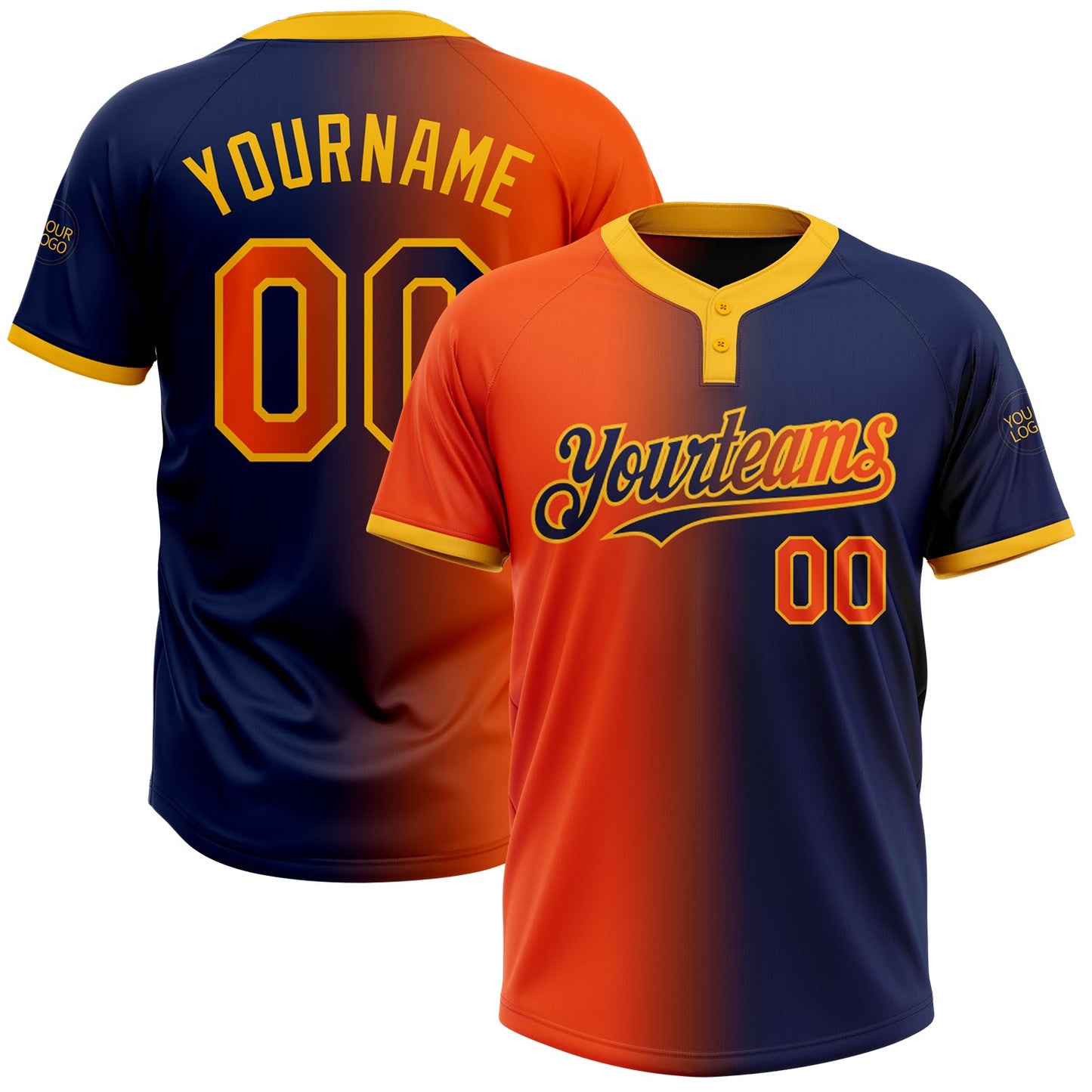 Custom Navy Orange-Gold Gradient Fashion Two-Button Unisex Softball Jersey - Main View