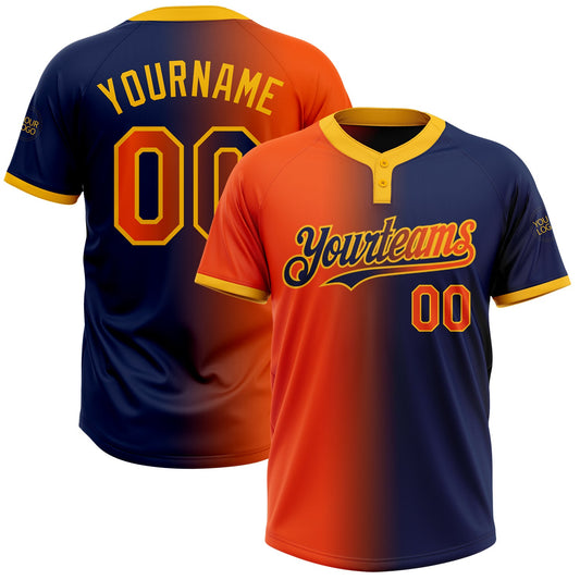 Custom Navy Orange-Gold Gradient Fashion Two-Button Unisex Softball Jersey - Main View