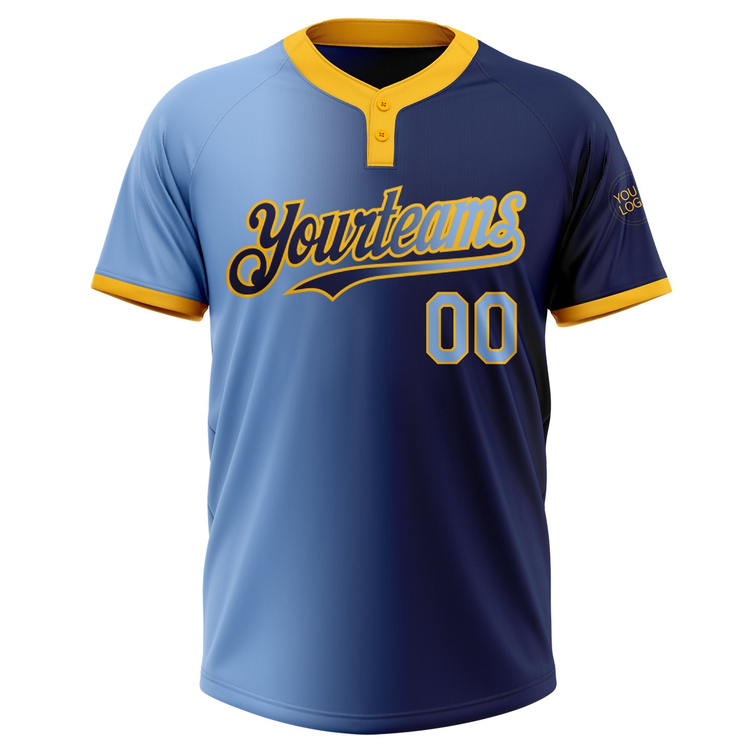 Custom Navy Light Blue-Gold Gradient Fashion Two-Button Unisex Softball Jersey view 2