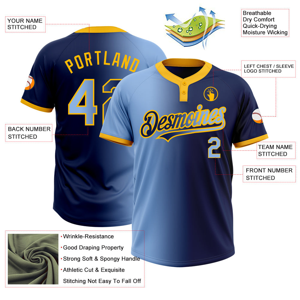 Custom Navy Light Blue-Gold Gradient Fashion Two-Button Unisex Softball Jersey view 3