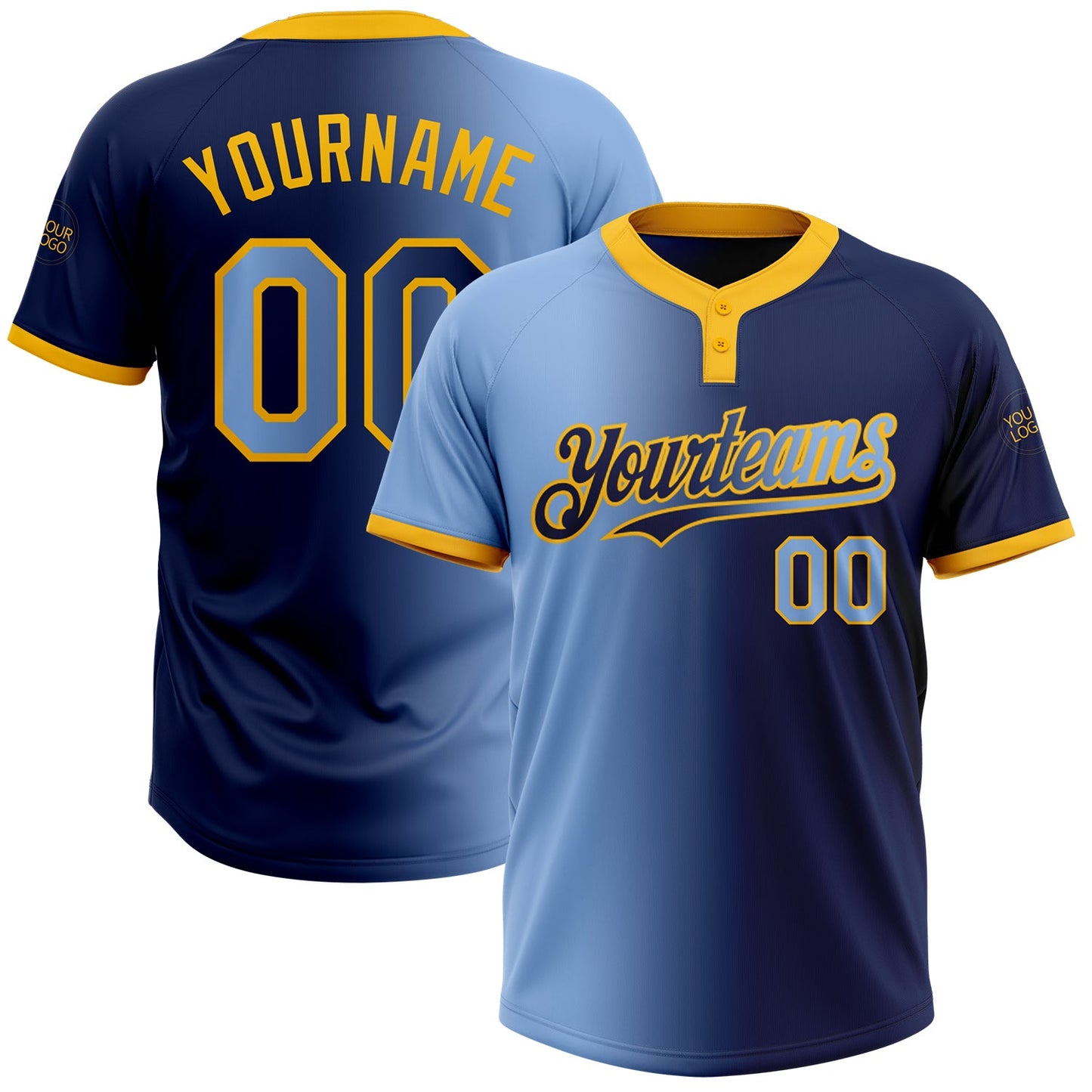Custom Navy Light Blue-Gold Gradient Fashion Two-Button Unisex Softball Jersey - Main View