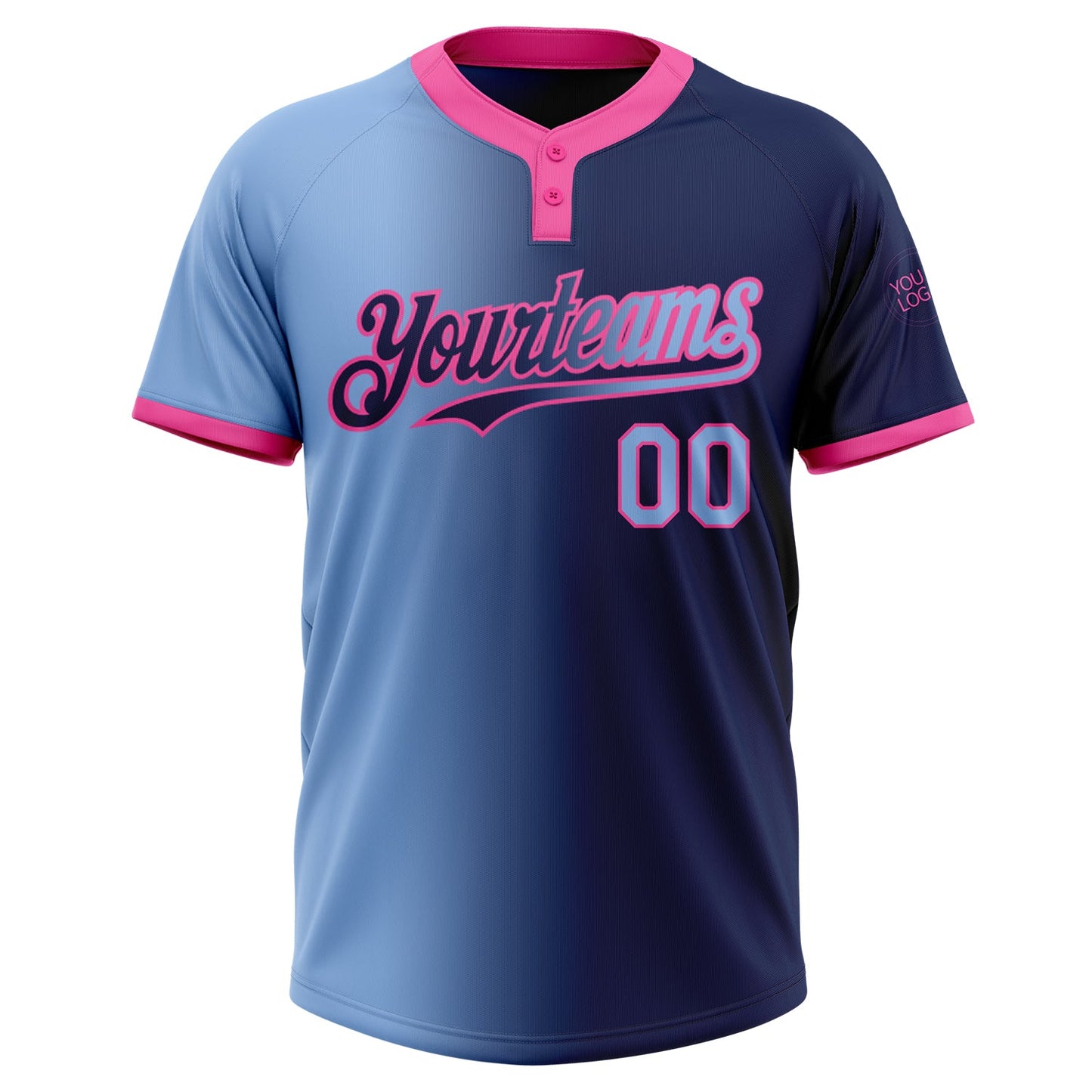 Custom Navy Light Blue-Pink Gradient Fashion Two-Button Unisex Softball Jersey view 2