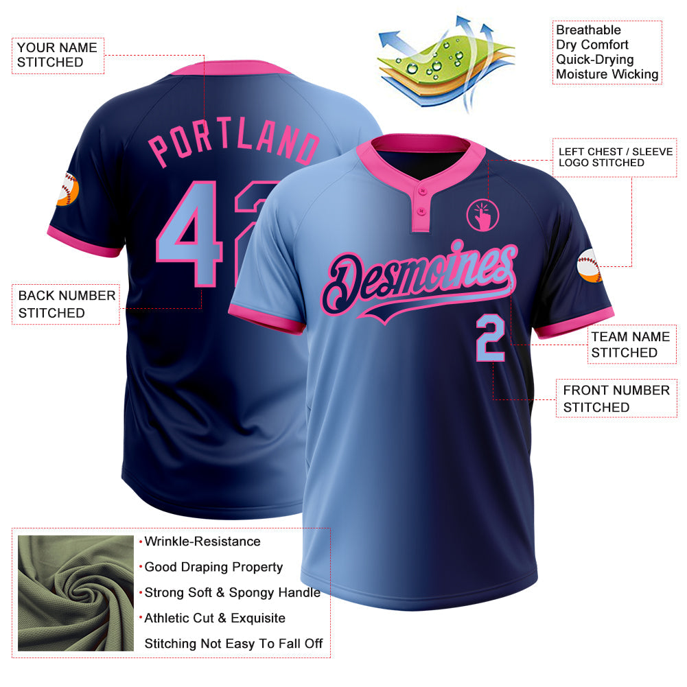 Custom Navy Light Blue-Pink Gradient Fashion Two-Button Unisex Softball Jersey view 3