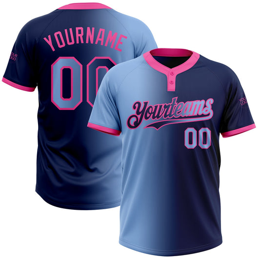 Custom Navy Light Blue-Pink Gradient Fashion Two-Button Unisex Softball Jersey - Main View