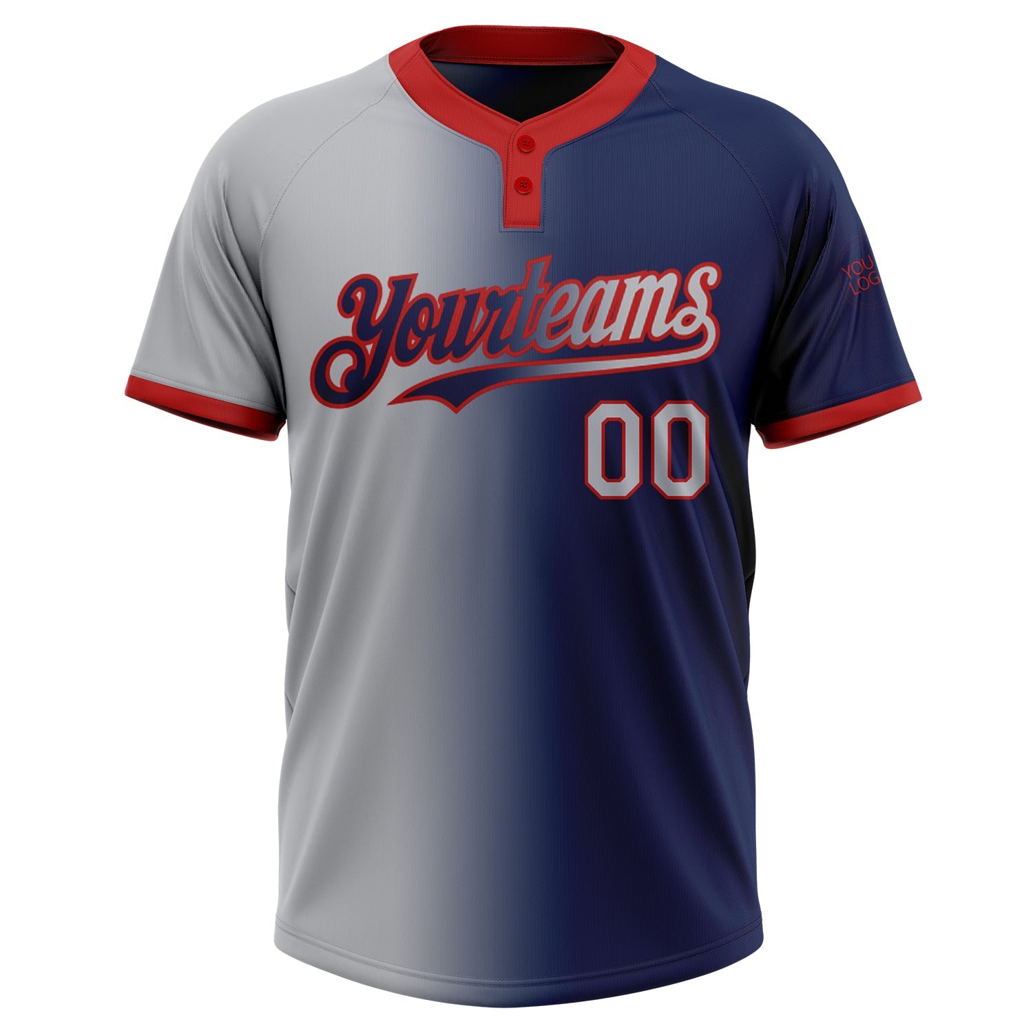 Custom Navy Gray-Red Gradient Fashion Two-Button Unisex Softball Jersey view 2
