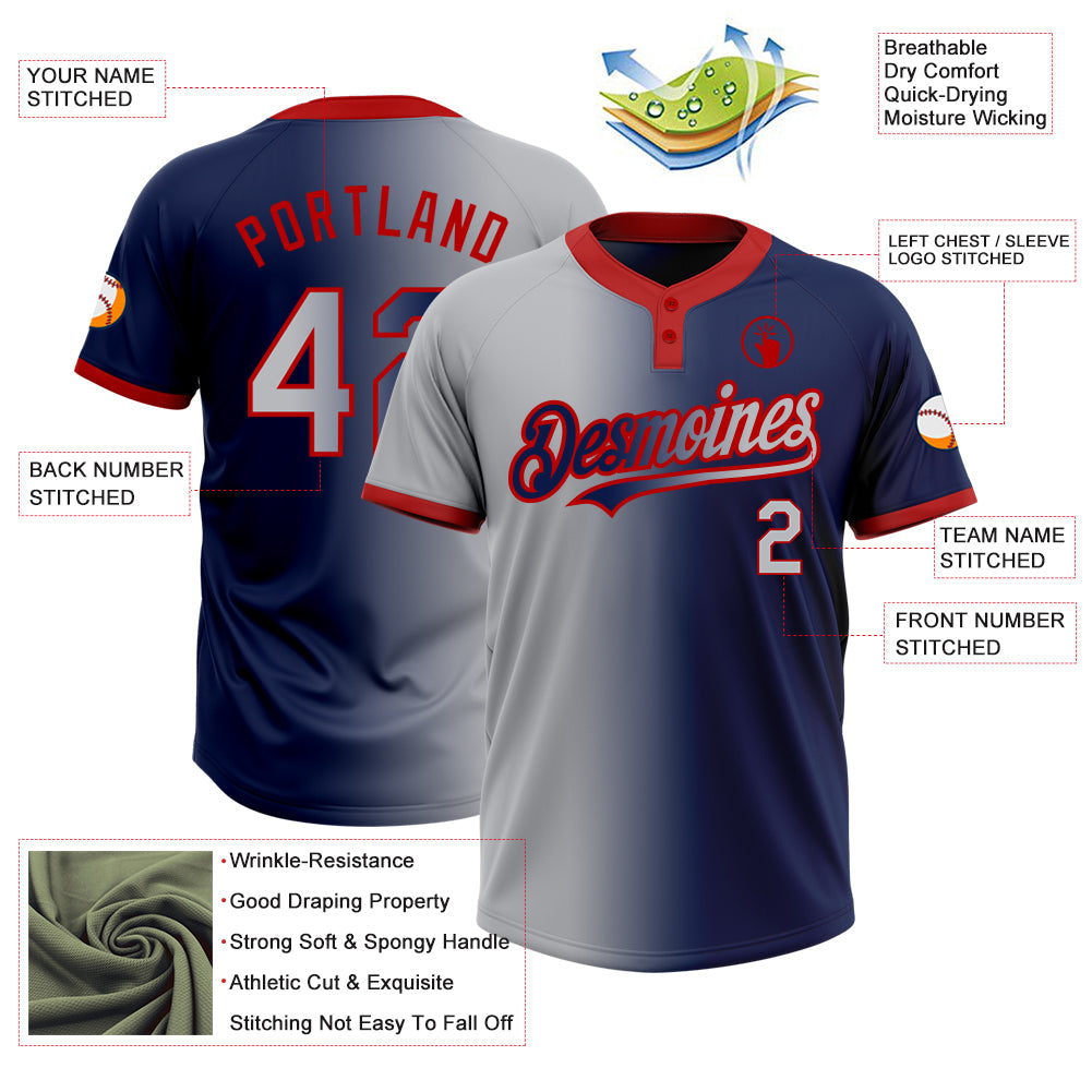 Custom Navy Gray-Red Gradient Fashion Two-Button Unisex Softball Jersey view 3