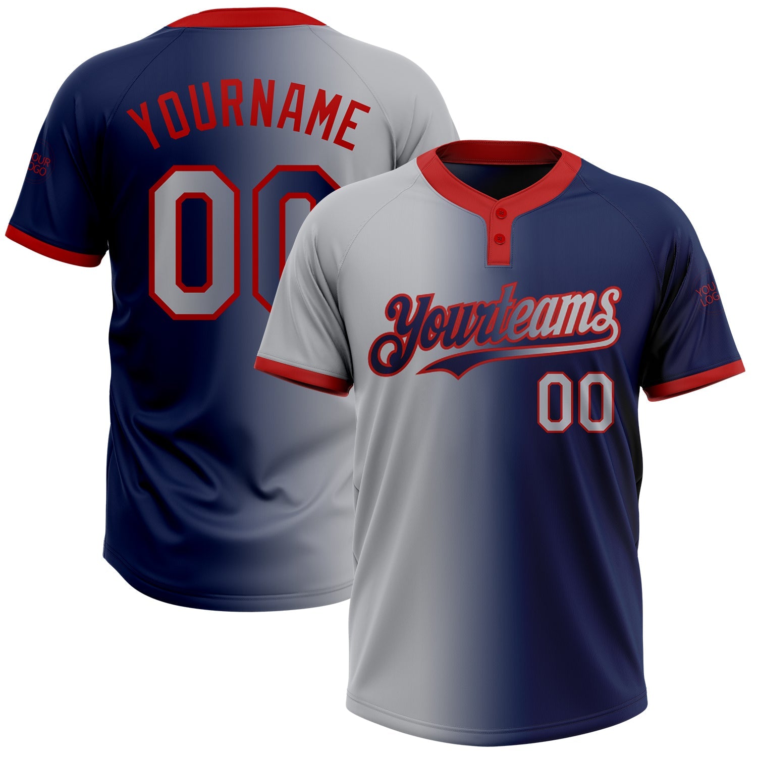 Custom Navy Gray-Red Gradient Fashion Two-Button Unisex Softball Jersey - Main View