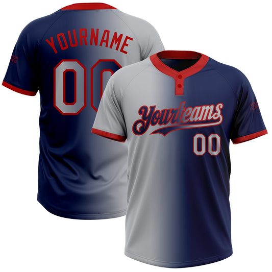 Custom Navy Gray-Red Gradient Fashion Two-Button Unisex Softball Jersey - Main View