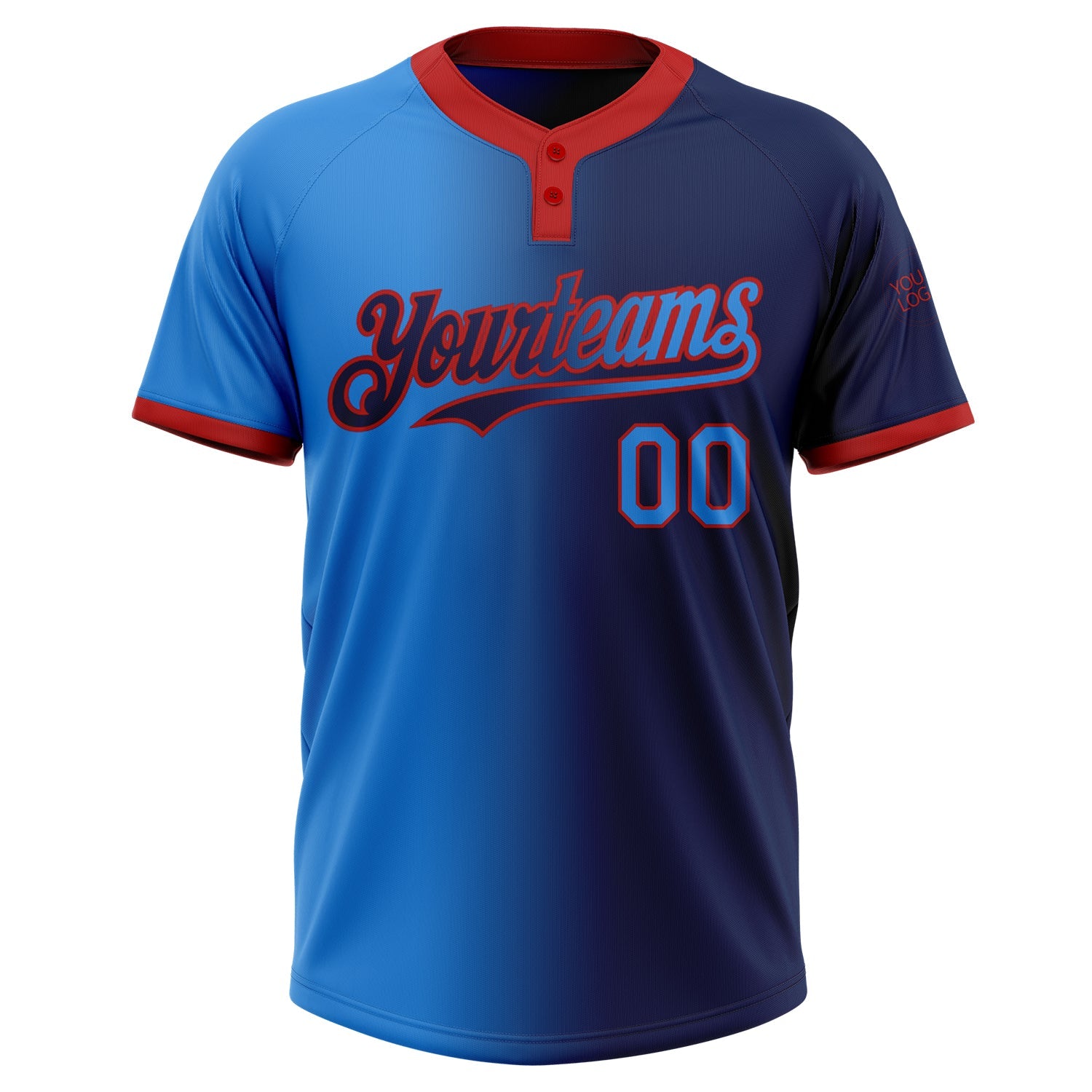 Custom Navy Electric Blue-Red Gradient Fashion Two-Button Unisex Softball Jersey view 2