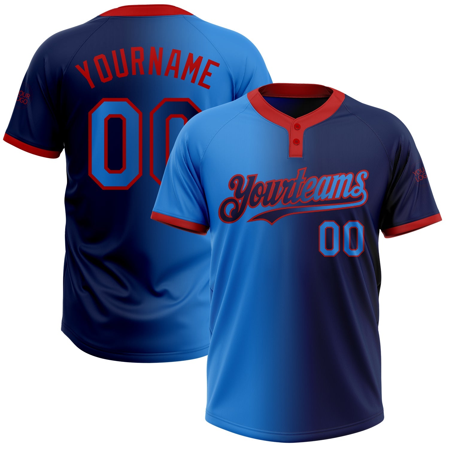 Custom Navy Electric Blue-Red Gradient Fashion Two-Button Unisex Softball Jersey - Main View