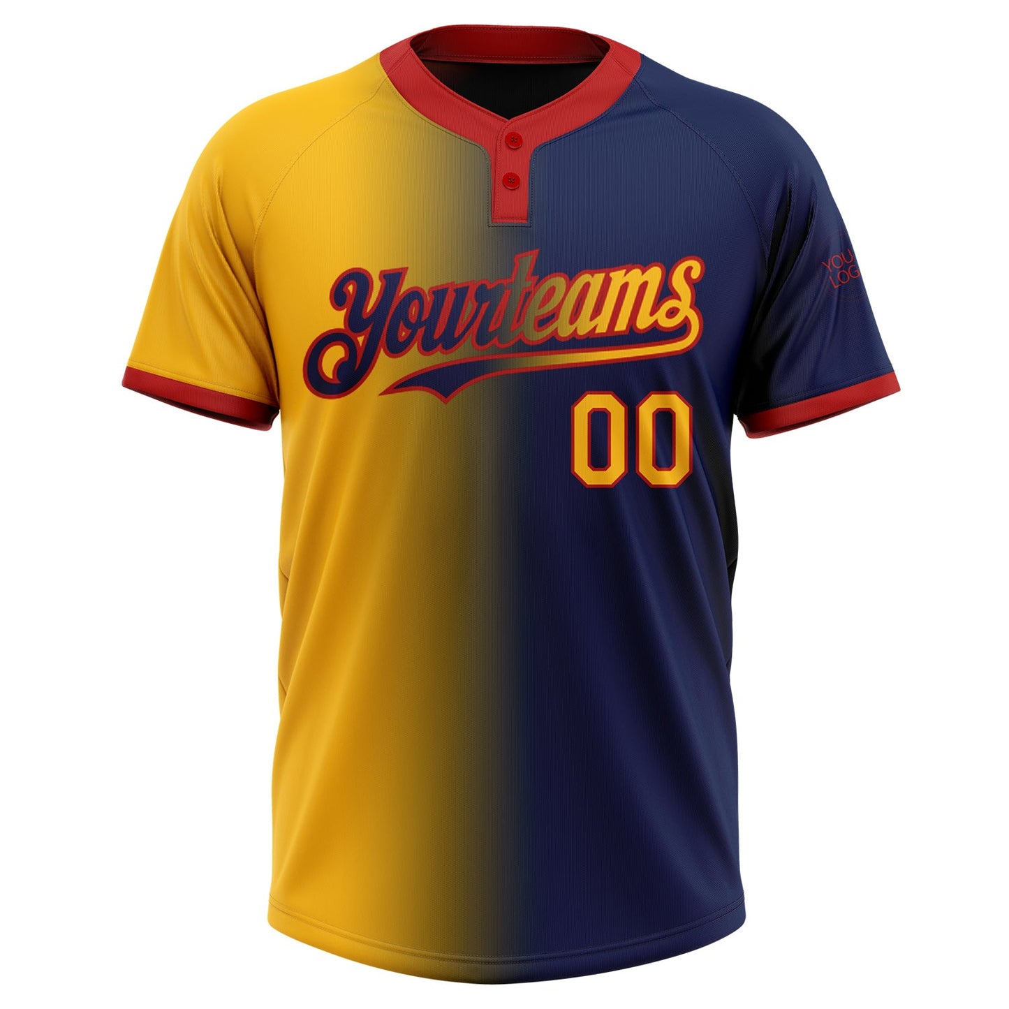 Custom Navy Gold-Red Gradient Fashion Two-Button Unisex Softball Jersey view 2