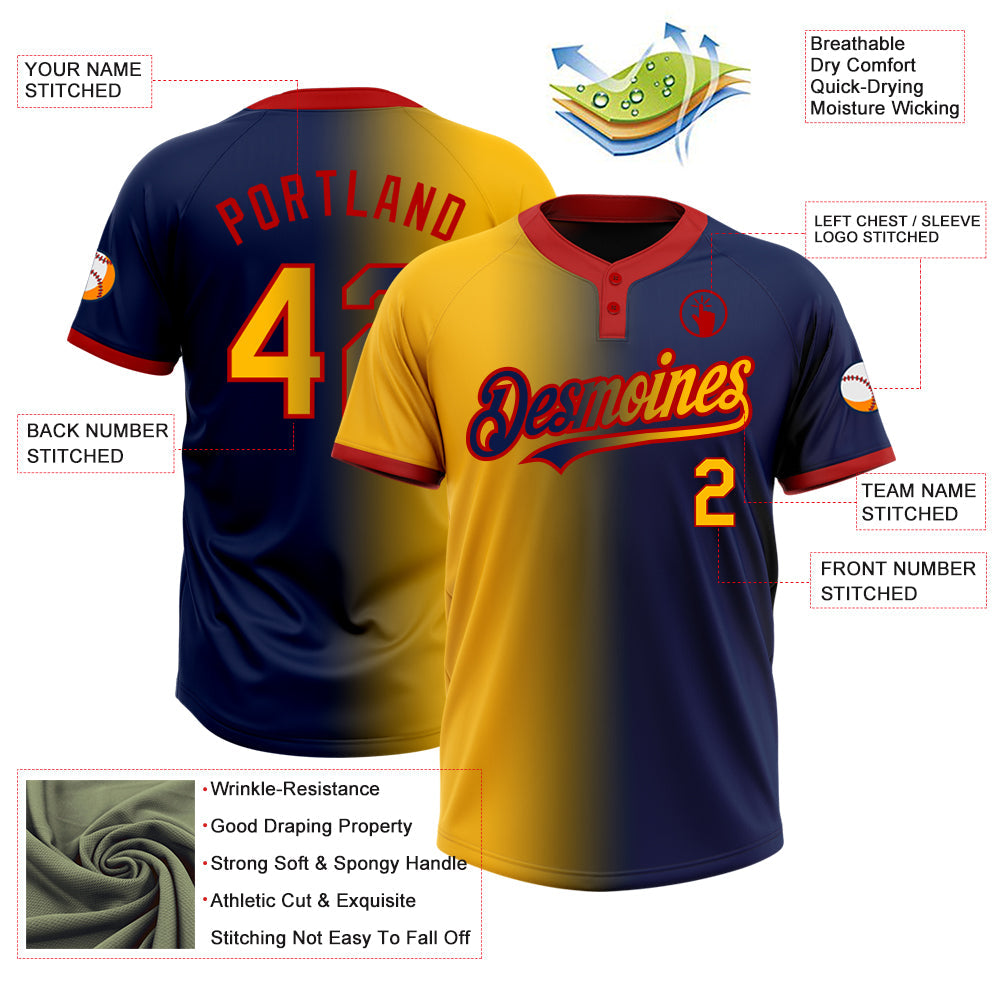 Custom Navy Gold-Red Gradient Fashion Two-Button Unisex Softball Jersey view 3