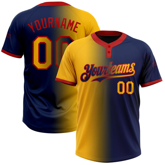 Custom Navy Gold-Red Gradient Fashion Two-Button Unisex Softball Jersey - Main View