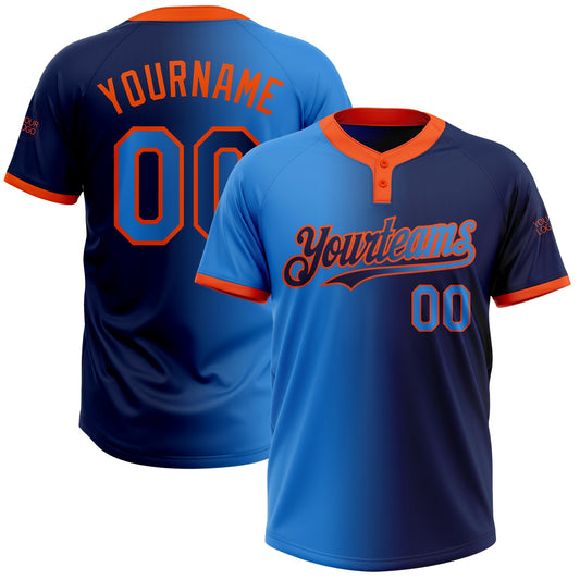 Custom Navy Electric Blue-Orange Gradient Fashion Two-Button Unisex Softball Jersey - Main View