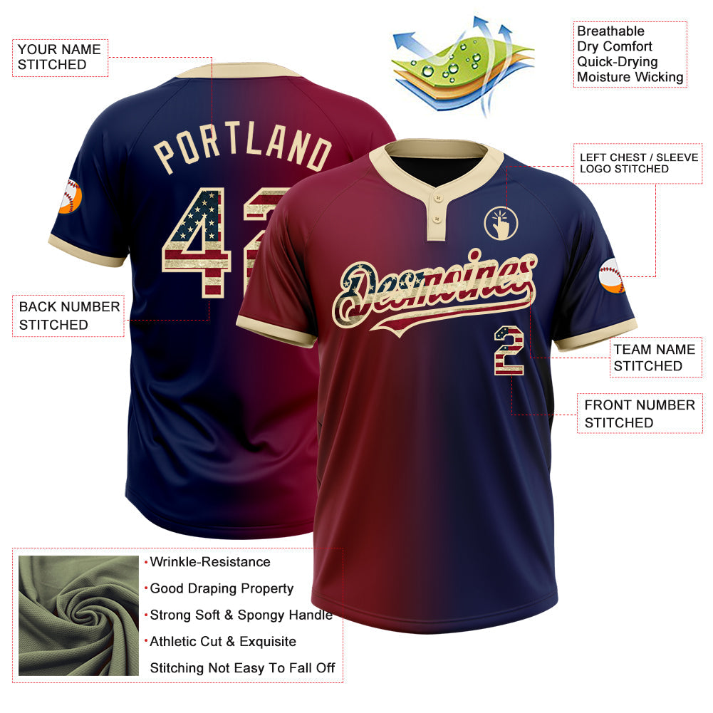 Custom Navy Vintage USA Flag Maroon-City Cream Gradient Fashion Two-Button Unisex Softball Jersey view 3