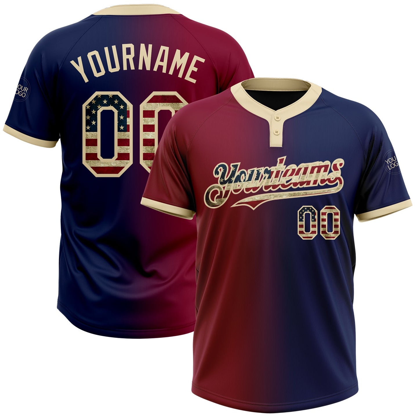 Custom Navy Vintage USA Flag Maroon-City Cream Gradient Fashion Two-Button Unisex Softball Jersey - Main View