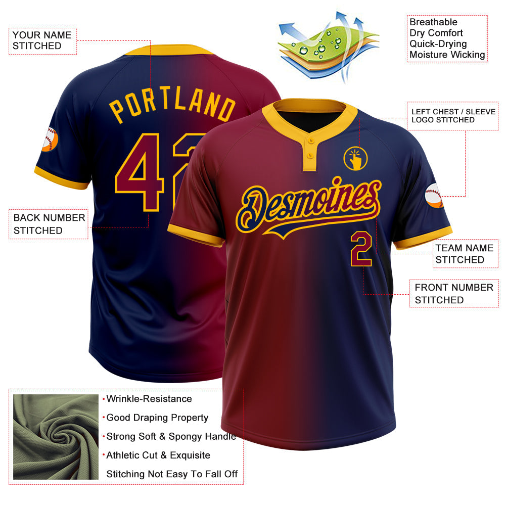 Custom Navy Maroon-Gold Gradient Fashion Two-Button Unisex Softball Jersey view 3