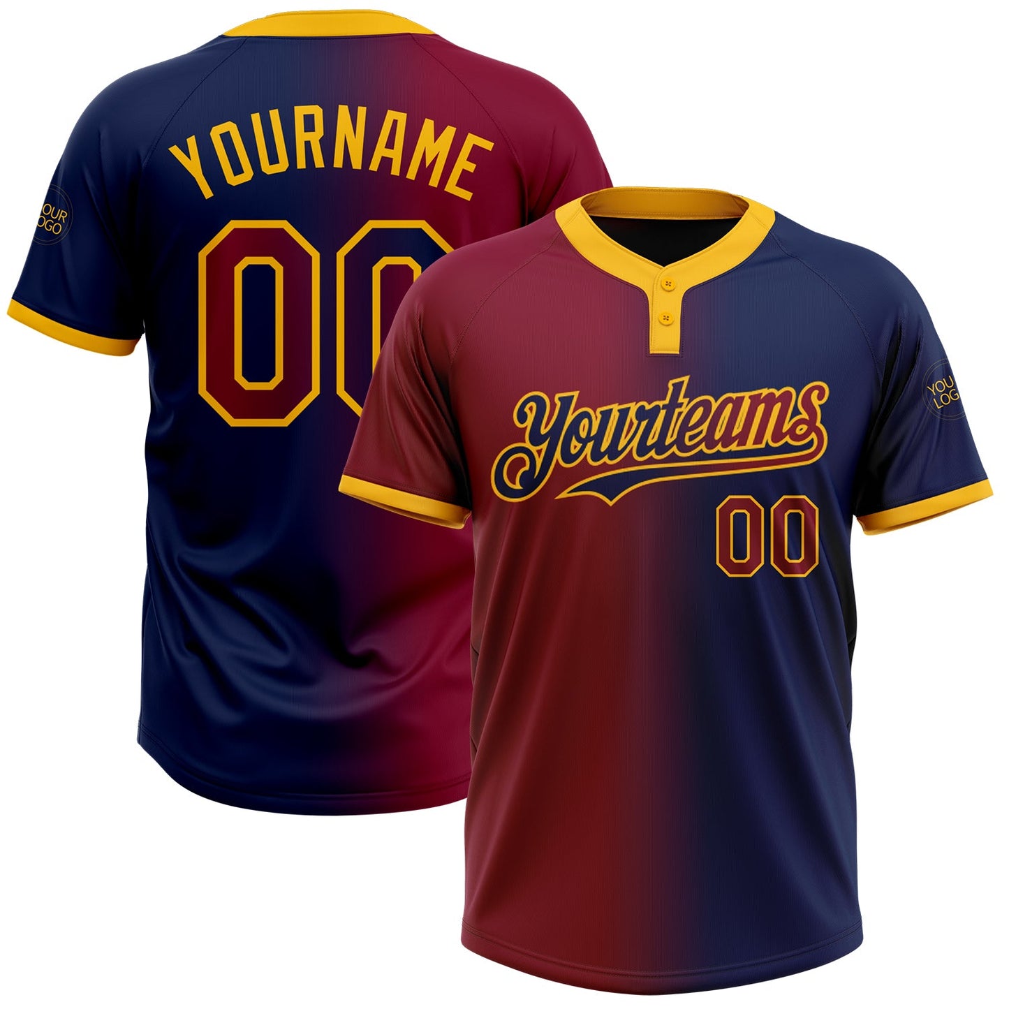 Custom Navy Maroon-Gold Gradient Fashion Two-Button Unisex Softball Jersey - Main View