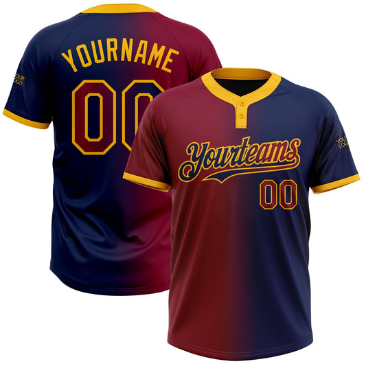 Custom Navy Maroon-Gold Gradient Fashion Two-Button Unisex Softball Jersey - Main View