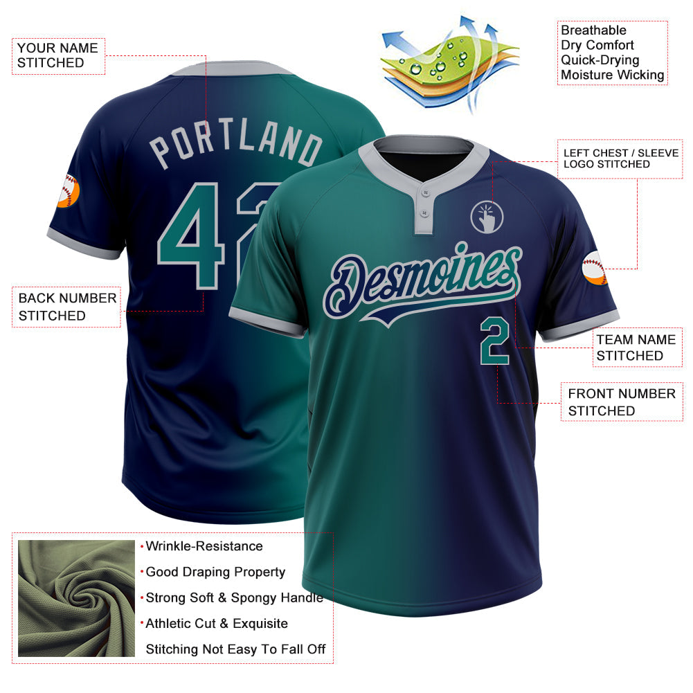 Custom Navy Teal-Gray Gradient Fashion Two-Button Unisex Softball Jersey view 3