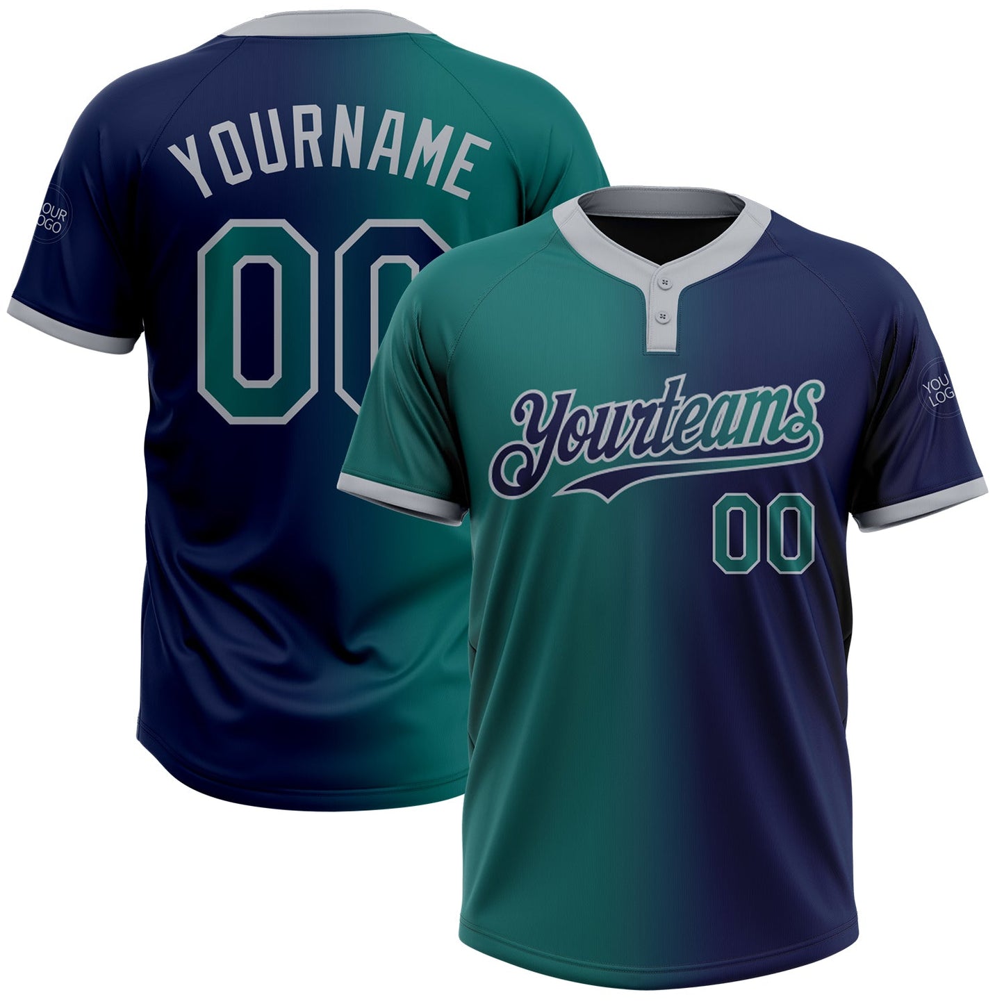 Custom Navy Teal-Gray Gradient Fashion Two-Button Unisex Softball Jersey - Main View
