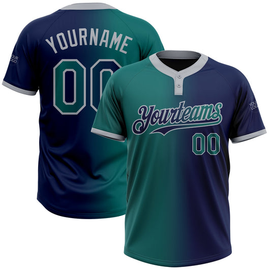 Custom Navy Teal-Gray Gradient Fashion Two-Button Unisex Softball Jersey - Main View