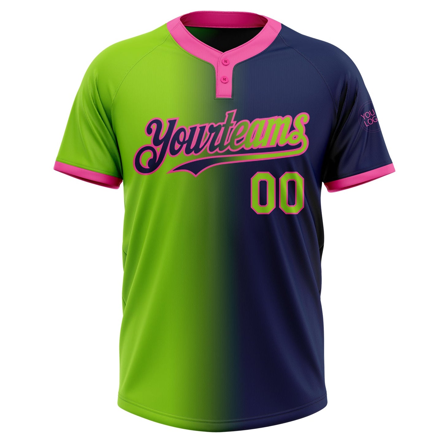 Custom Navy Neon Green-Pink Gradient Fashion Two-Button Unisex Softball Jersey view 2