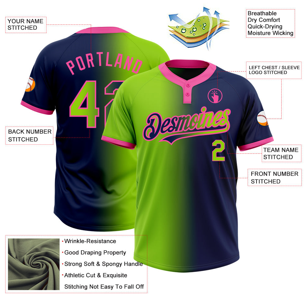 Custom Navy Neon Green-Pink Gradient Fashion Two-Button Unisex Softball Jersey view 3
