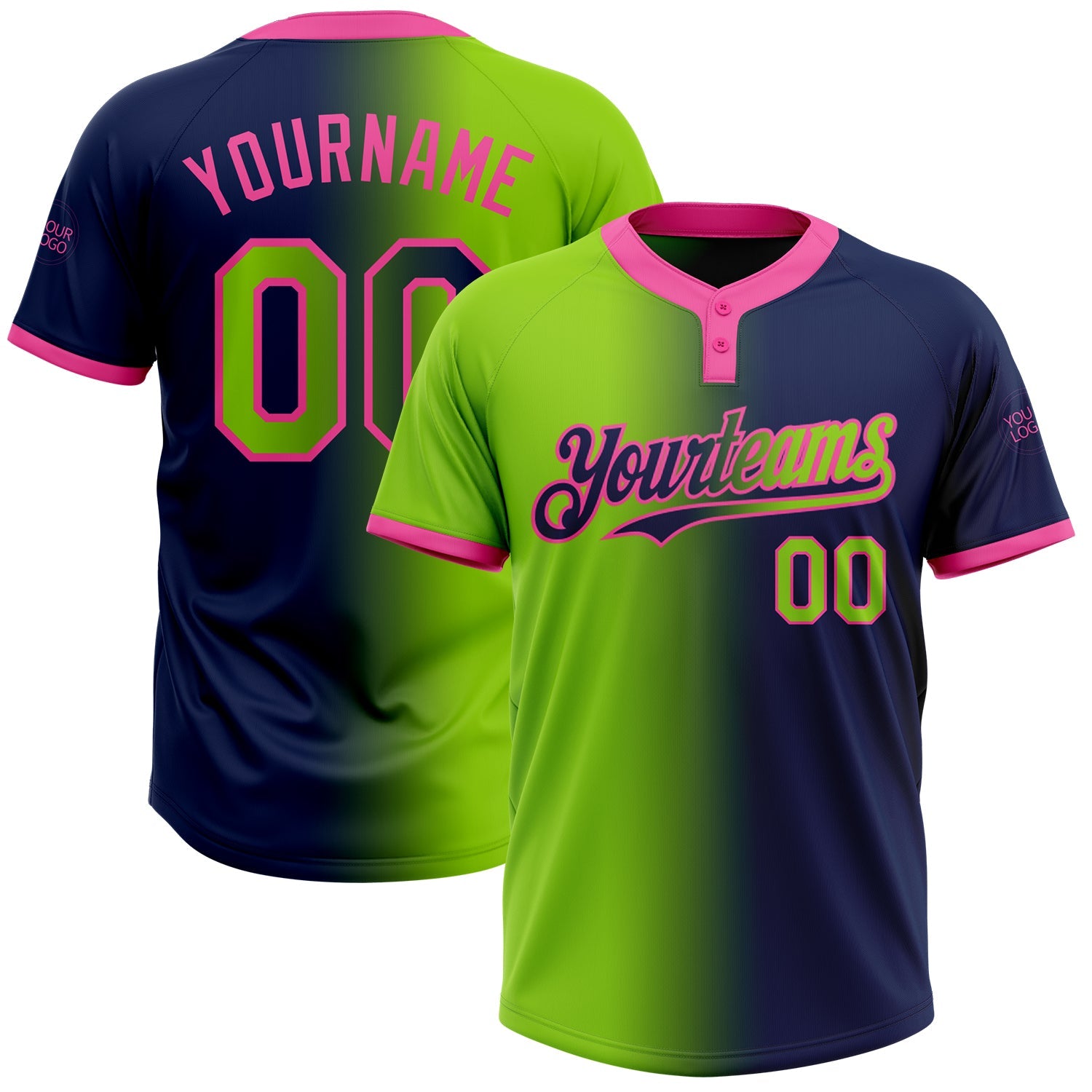 Custom Navy Neon Green-Pink Gradient Fashion Two-Button Unisex Softball Jersey - Main View