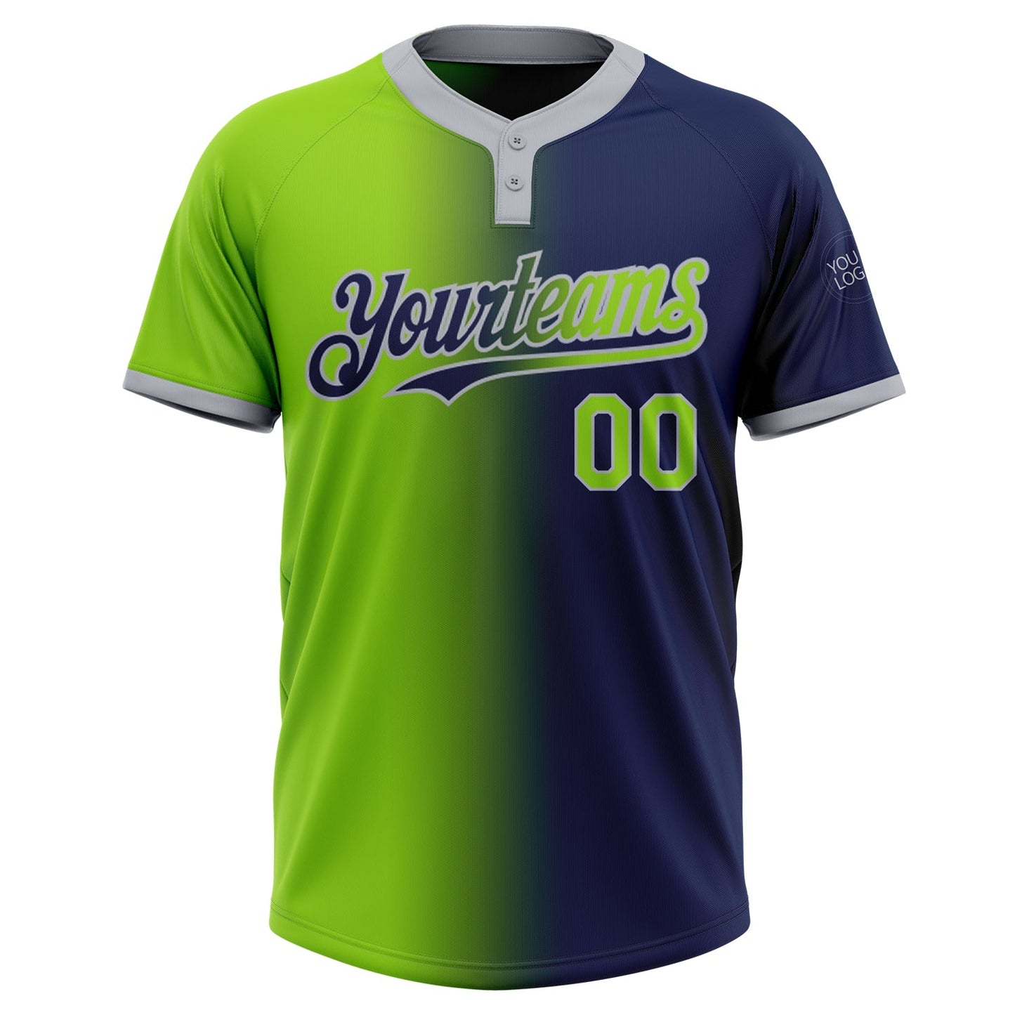 Custom Navy Neon Green-Gray Gradient Fashion Two-Button Unisex Softball Jersey view 2