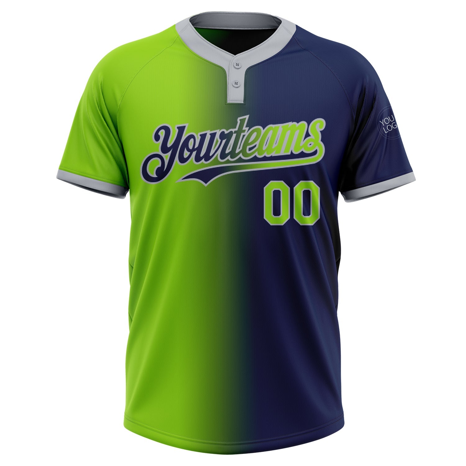 Custom Navy Neon Green-Gray Gradient Fashion Two-Button Unisex Softball Jersey view 2