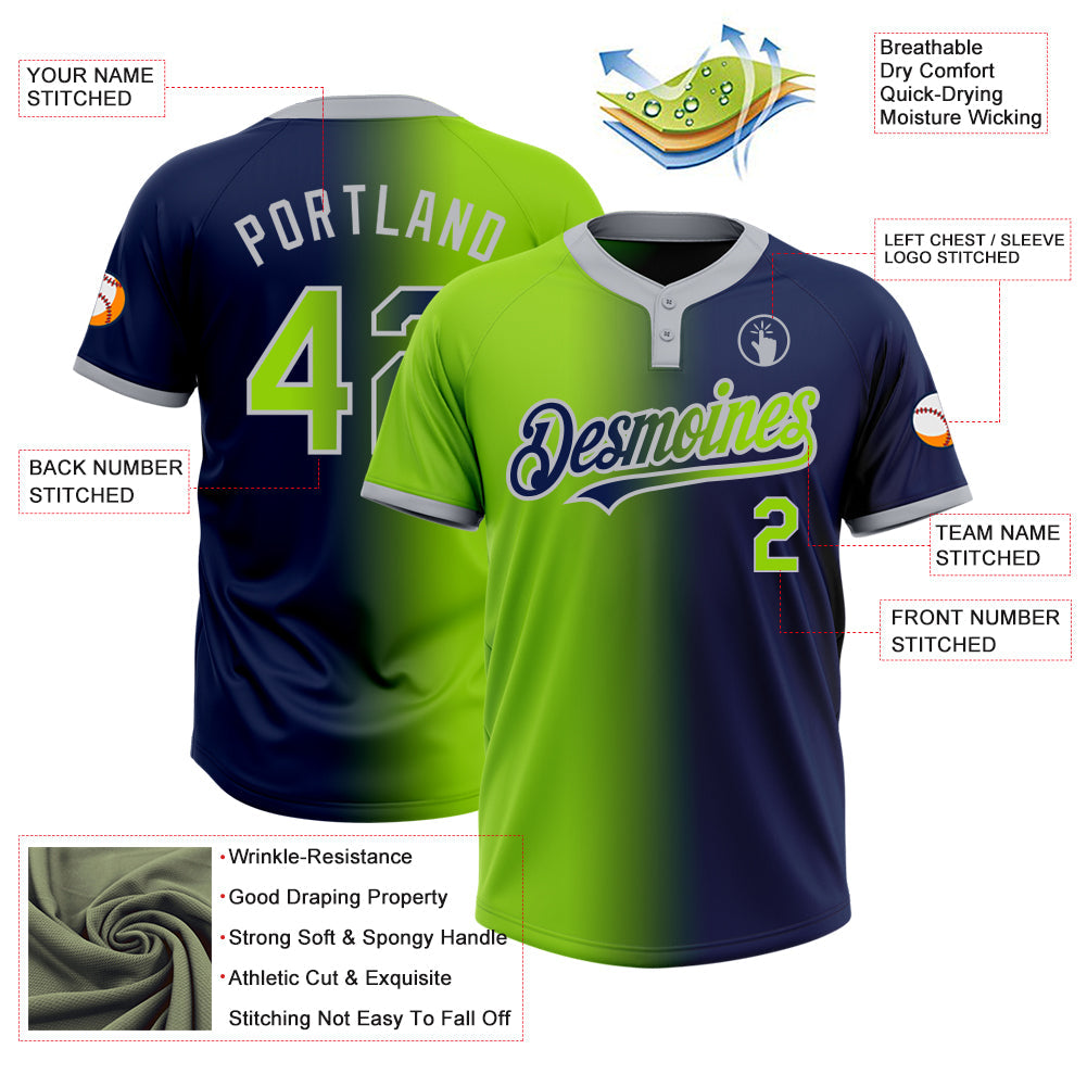 Custom Navy Neon Green-Gray Gradient Fashion Two-Button Unisex Softball Jersey view 3