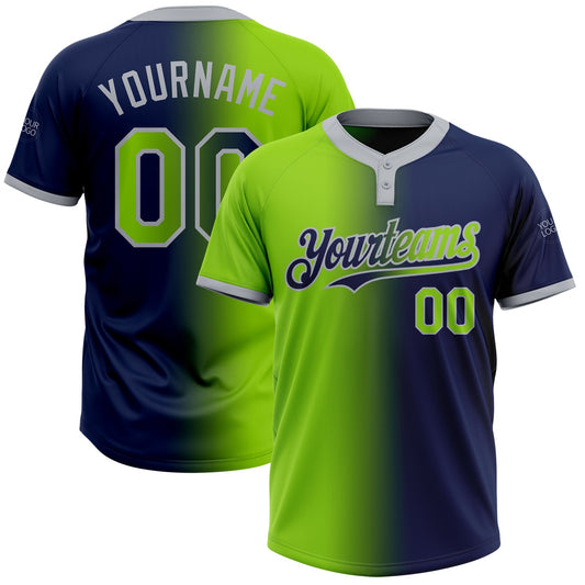 Custom Navy Neon Green-Gray Gradient Fashion Two-Button Unisex Softball Jersey - Main View
