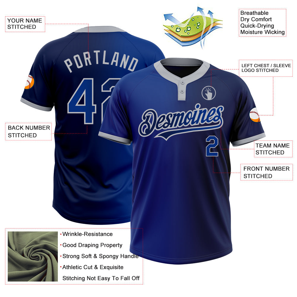 Custom Navy Royal-Gray Gradient Fashion Two-Button Unisex Softball Jersey view 3