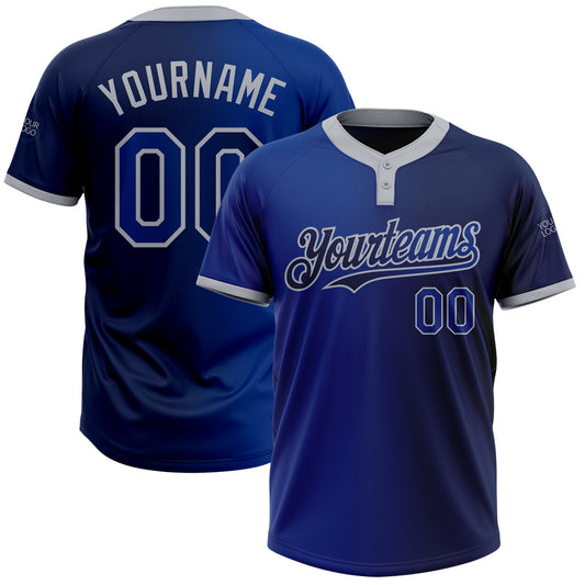 Custom Navy Royal-Gray Gradient Fashion Two-Button Unisex Softball Jersey - Main View