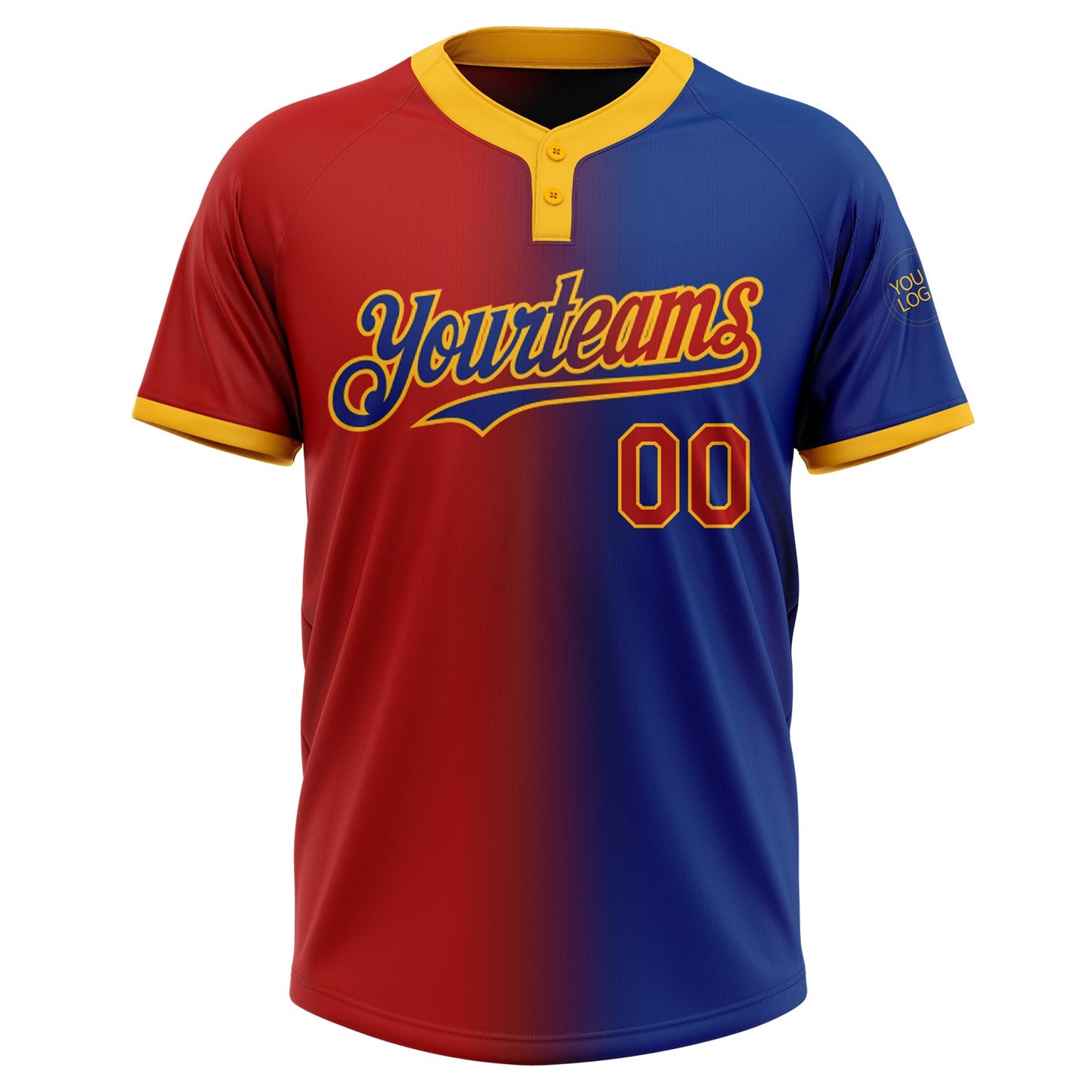 Custom Royal Red-Gold Gradient Fashion Two-Button Unisex Softball Jersey view 2