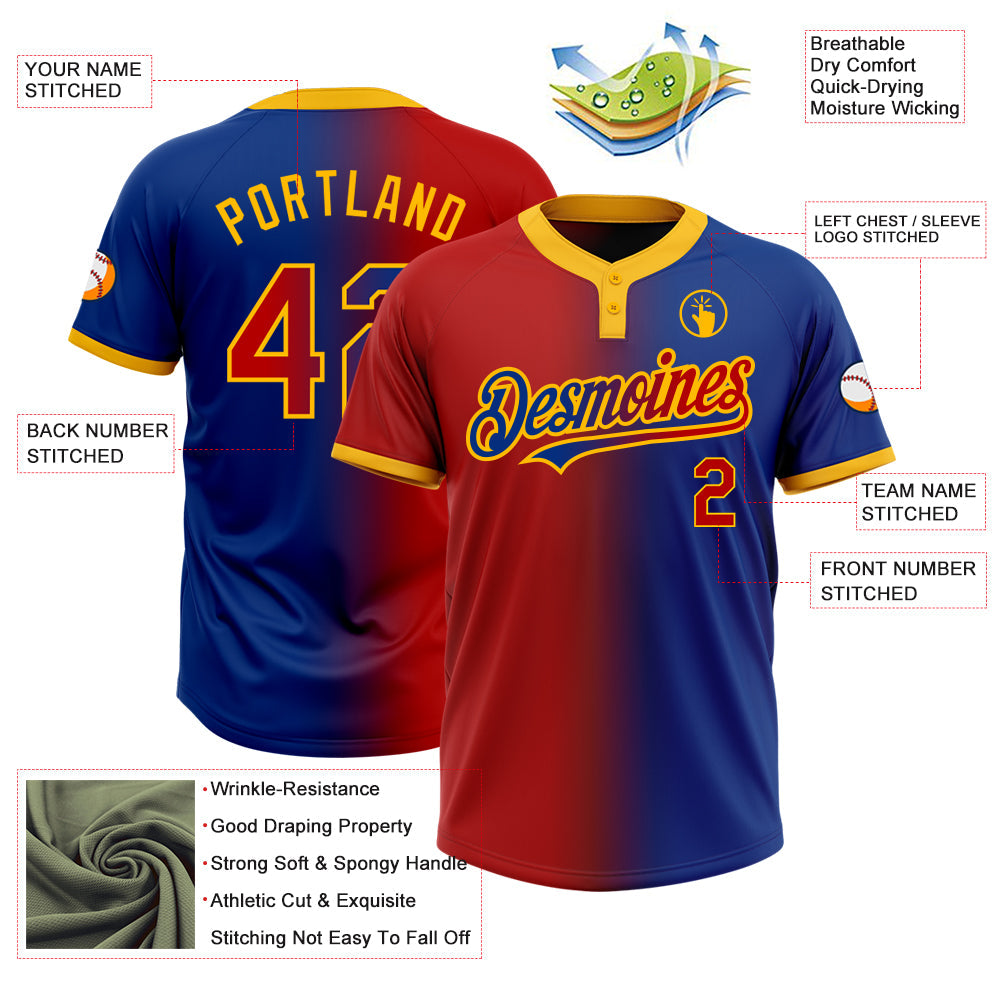 Custom Royal Red-Gold Gradient Fashion Two-Button Unisex Softball Jersey view 3