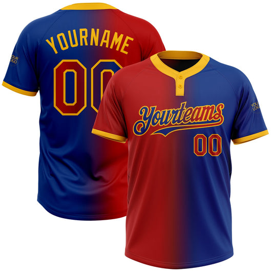 Custom Royal Red-Gold Gradient Fashion Two-Button Unisex Softball Jersey - Main View
