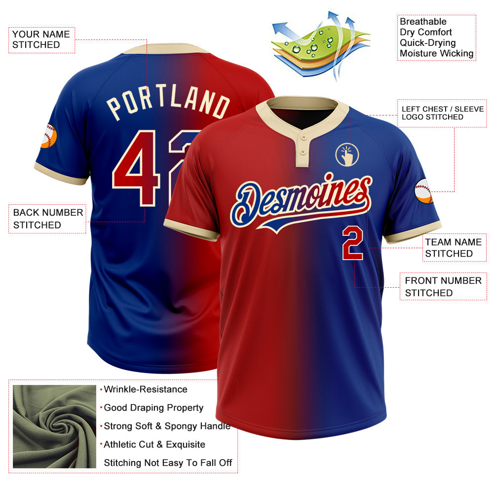 Custom Royal Red-Cream Gradient Fashion Two-Button Unisex Softball Jersey view 3