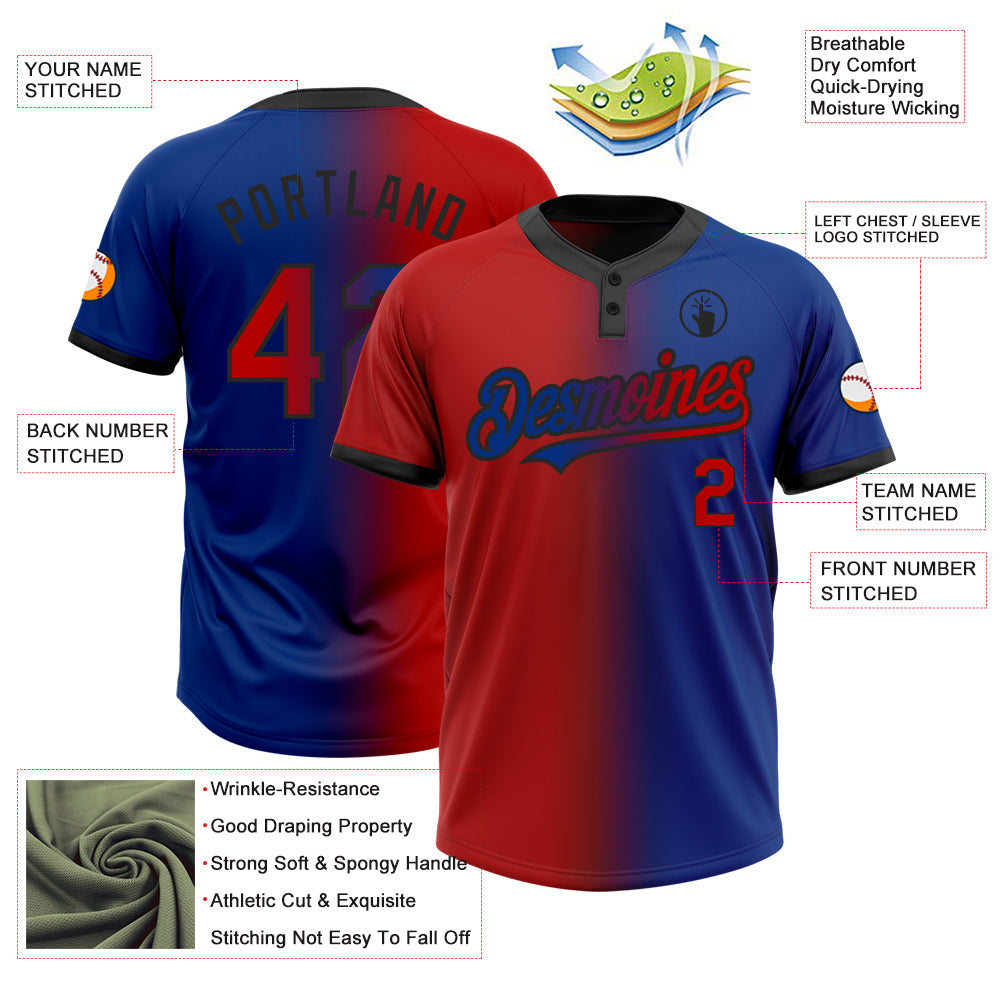 Custom Royal Red-Black Gradient Fashion Two-Button Unisex Softball Jersey view 3