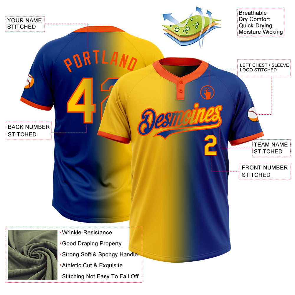 Custom Royal Yellow-Orange Gradient Fashion Two-Button Unisex Softball Jersey view 3