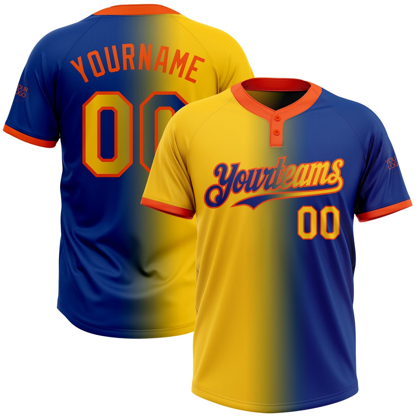 Custom Royal Yellow-Orange Gradient Fashion Two-Button Unisex Softball Jersey - Main View